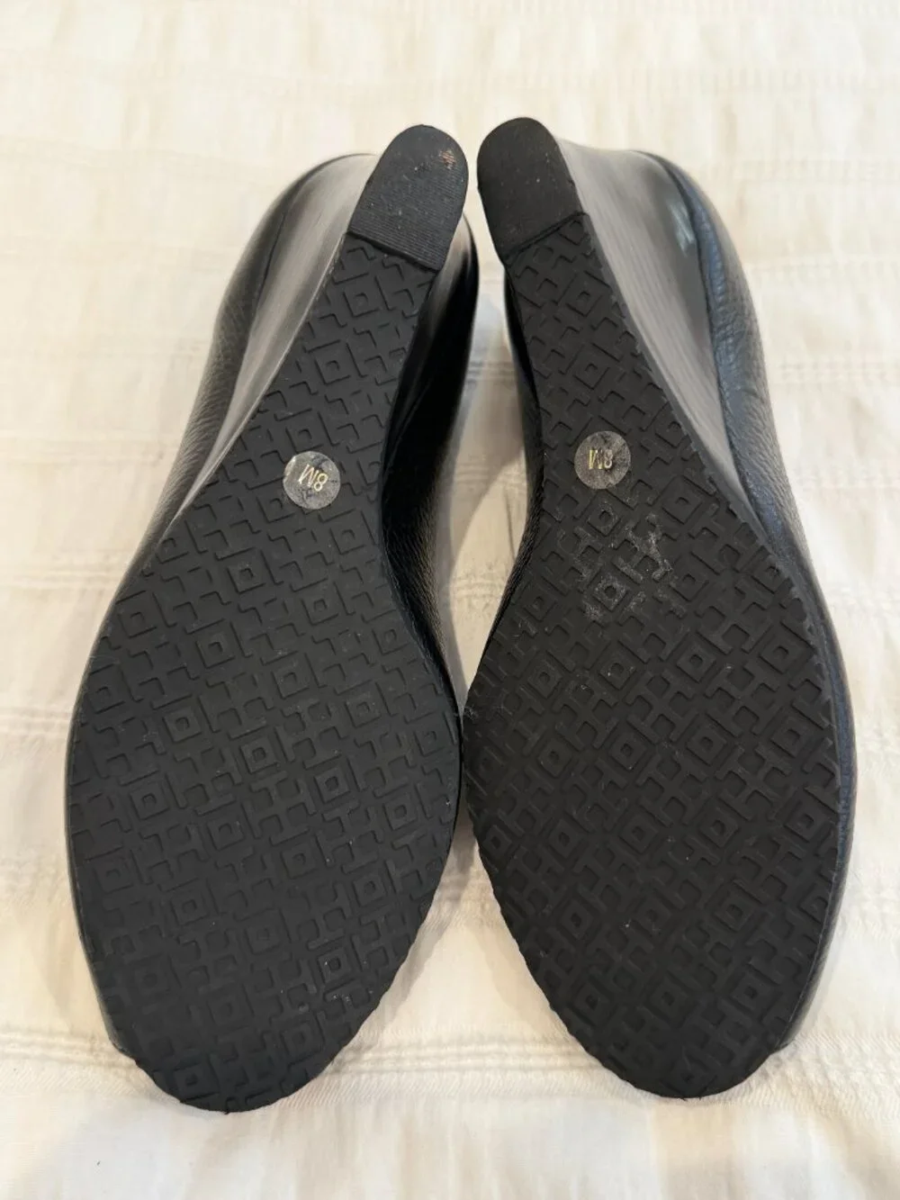 Tory Burch Sally Peep-Toe Leather Wedge Pumps Black Size 8M